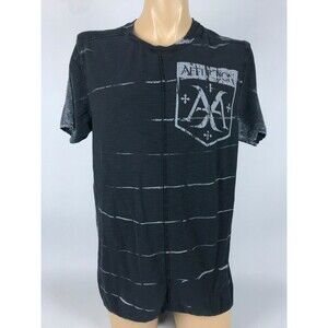 Affliction Men's XL Faded Black Striped Short Sleeve Crew-Neck Distress T-Shirt